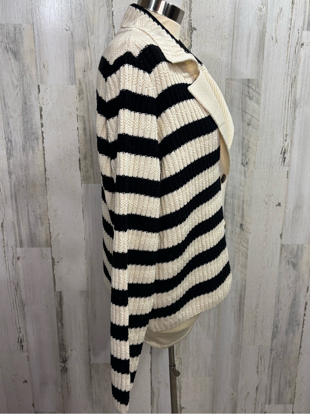 Maeve by Anthropologie Greta Black & Cream Striped Ribbed Button Polo Cardigan - Picture 10 of 14